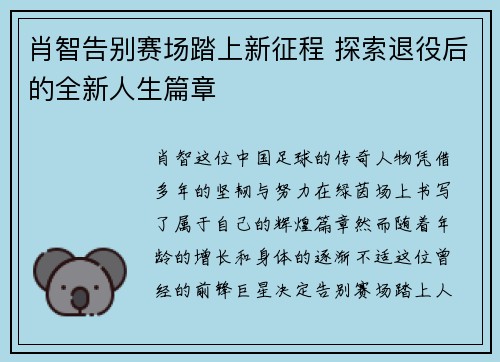 肖智告别赛场踏上新征程 探索退役后的全新人生篇章