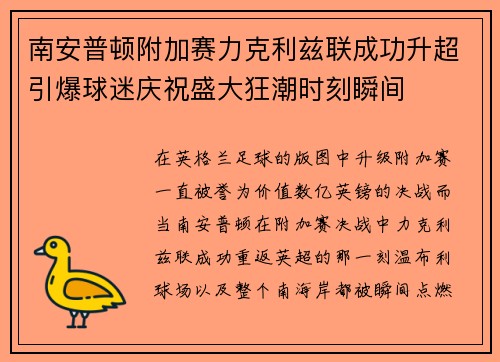 南安普顿附加赛力克利兹联成功升超引爆球迷庆祝盛大狂潮时刻瞬间