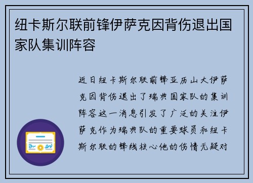 纽卡斯尔联前锋伊萨克因背伤退出国家队集训阵容