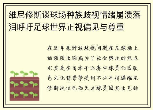 维尼修斯谈球场种族歧视情绪崩溃落泪呼吁足球世界正视偏见与尊重